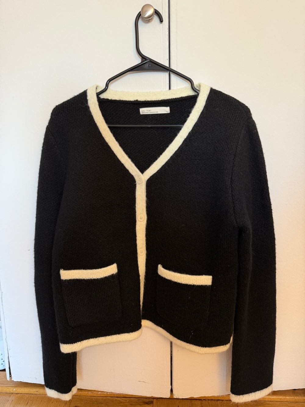 Black Cardigan with Cream Trim V-Neck Button Front